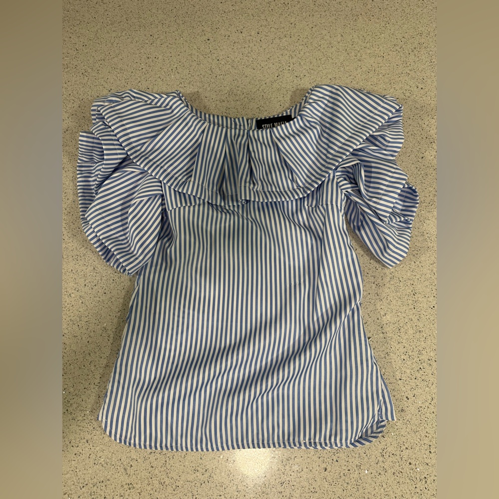 Style Mafia Blue and White Striped Blouse Ruffle Sleeves Pearl Button Details XS